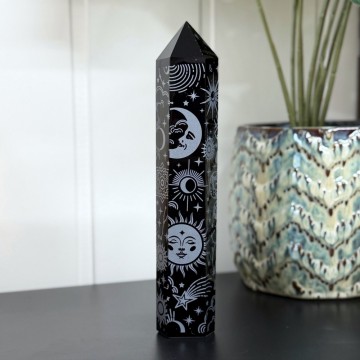 Stort Svart Obsidian Tårn - Cosmic Mystica Sølv 22cm
